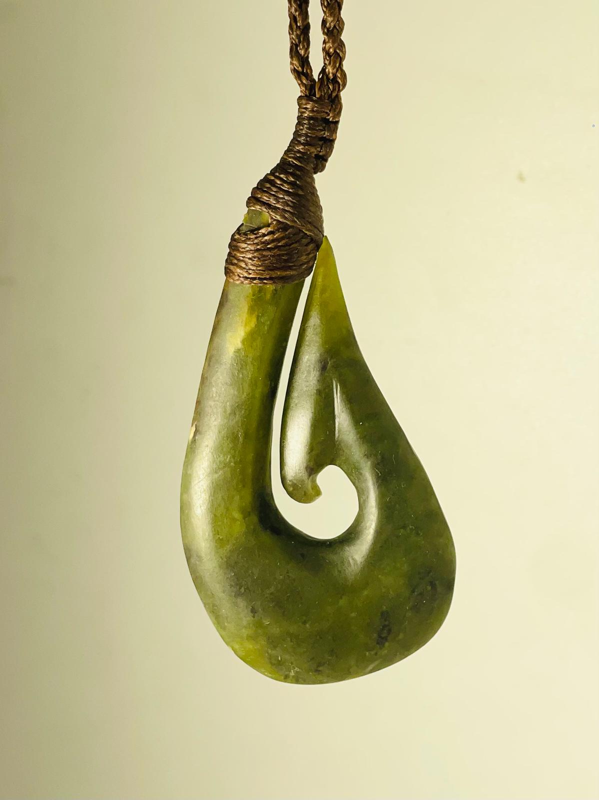 New Zealand Pounamu Greenstone Hei Matau on Brown cord(Small/Large)